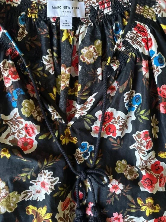 Floral Black Short-Sleeve Blouse With Tassel Tie Neck By Marc New York Jeans - S - Picture 6 of 6